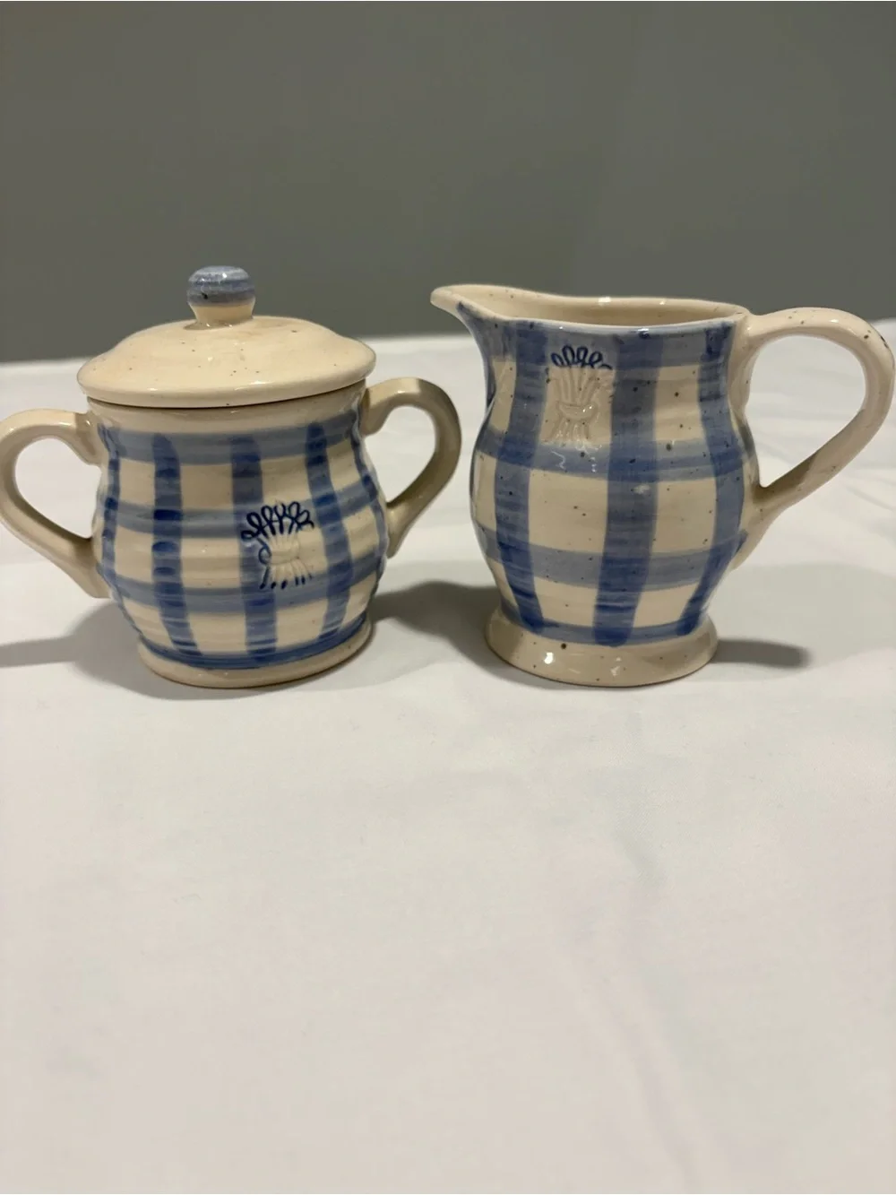 Sundry Blue and Cream Checkered Ceramic Sugar Pot and Creamer